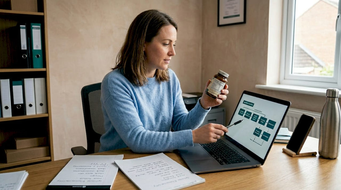 Woman reviewing supplement workflow at home
