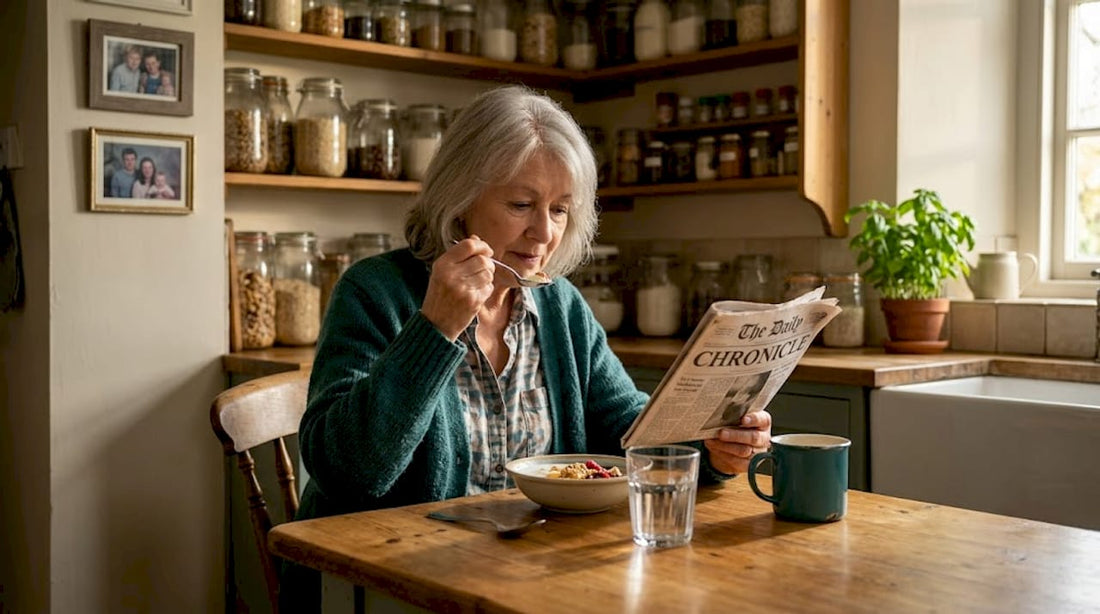 Senior woman eating yogurt at kitchen table