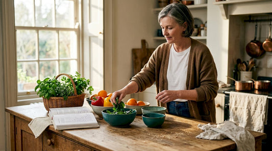 Older woman sorting fresh produce in home kitchen