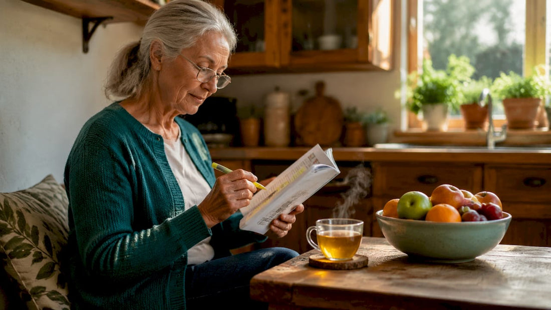 Senior woman reading vitamin guide at home