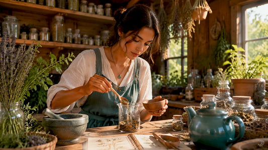 Herbalist preparing herbal extracts in kitchen