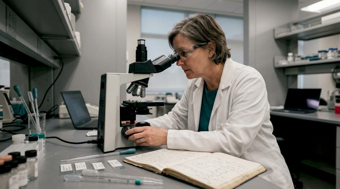 Researcher examining skin biopsy under microscope