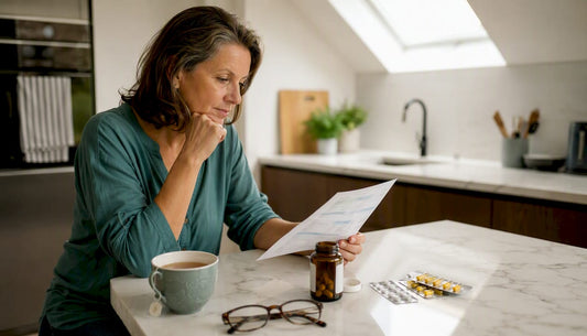 Woman reviewing supplements and blood test results