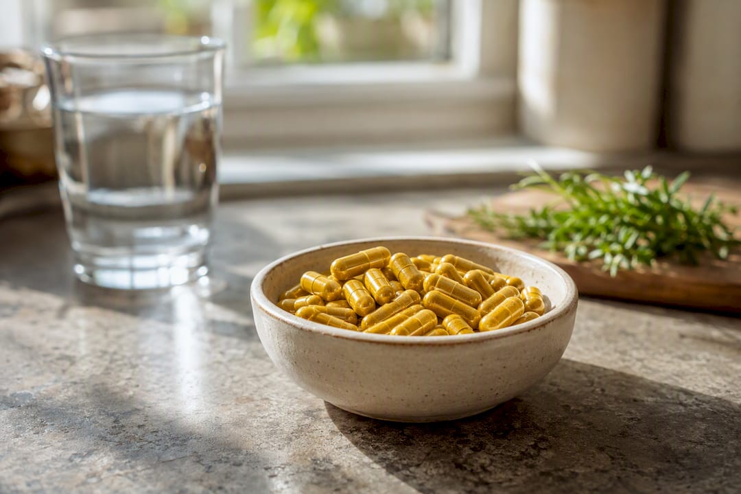 Golden berberine capsules in bowl on wooden table