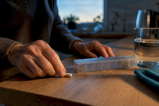 Older adult checking supplement beside pill organizer