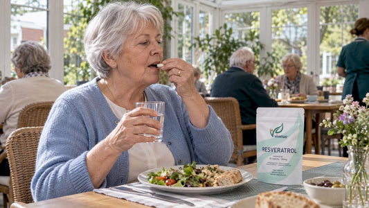 Older woman taking resveratrol with lunch