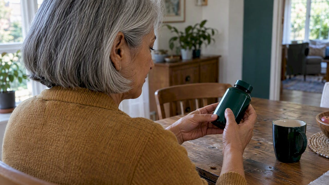 Woman checking an expiry date on a supplement bottle